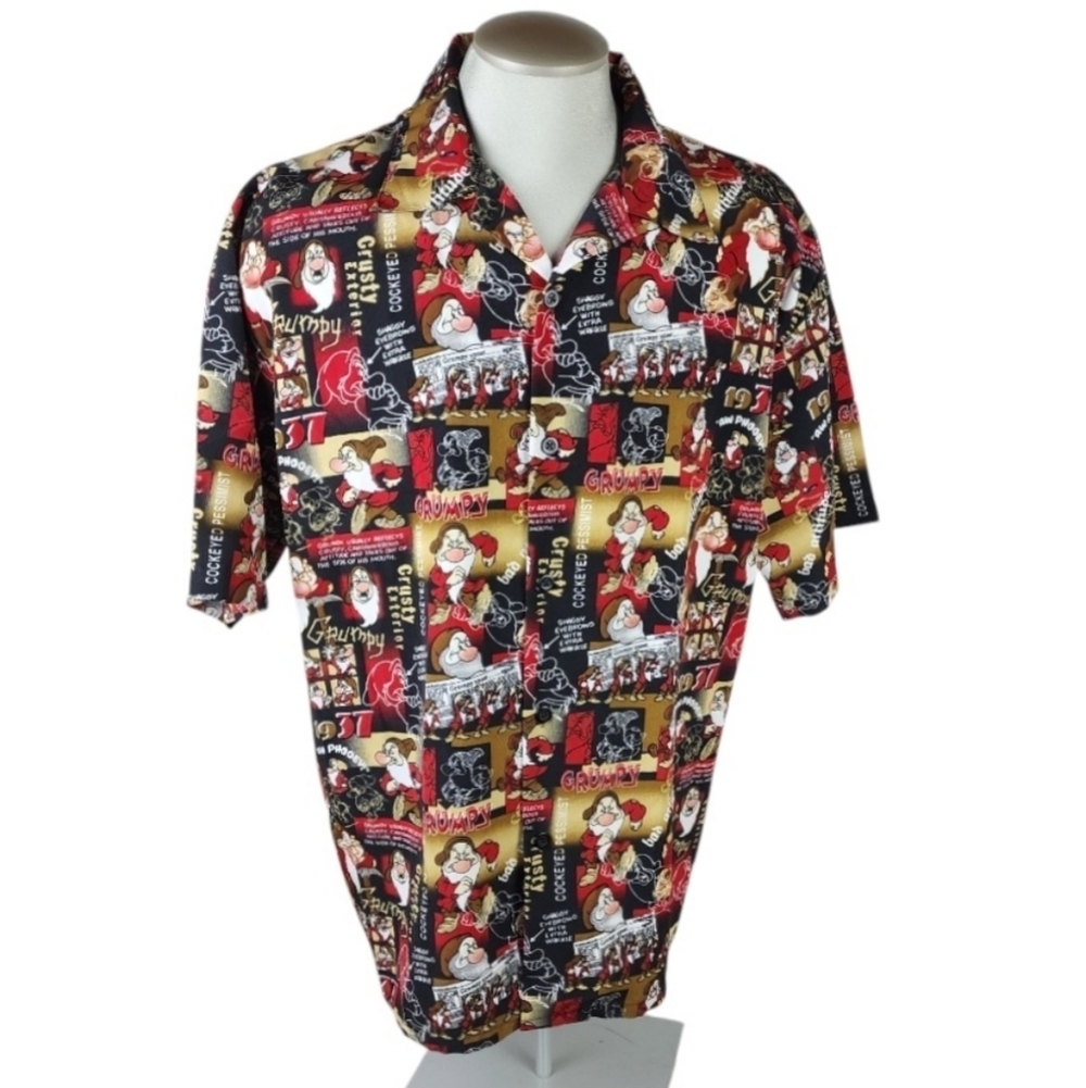 Disneyland Resort Short Sleeve Camp Shirt Grumpy Snow White Red Black Size XL